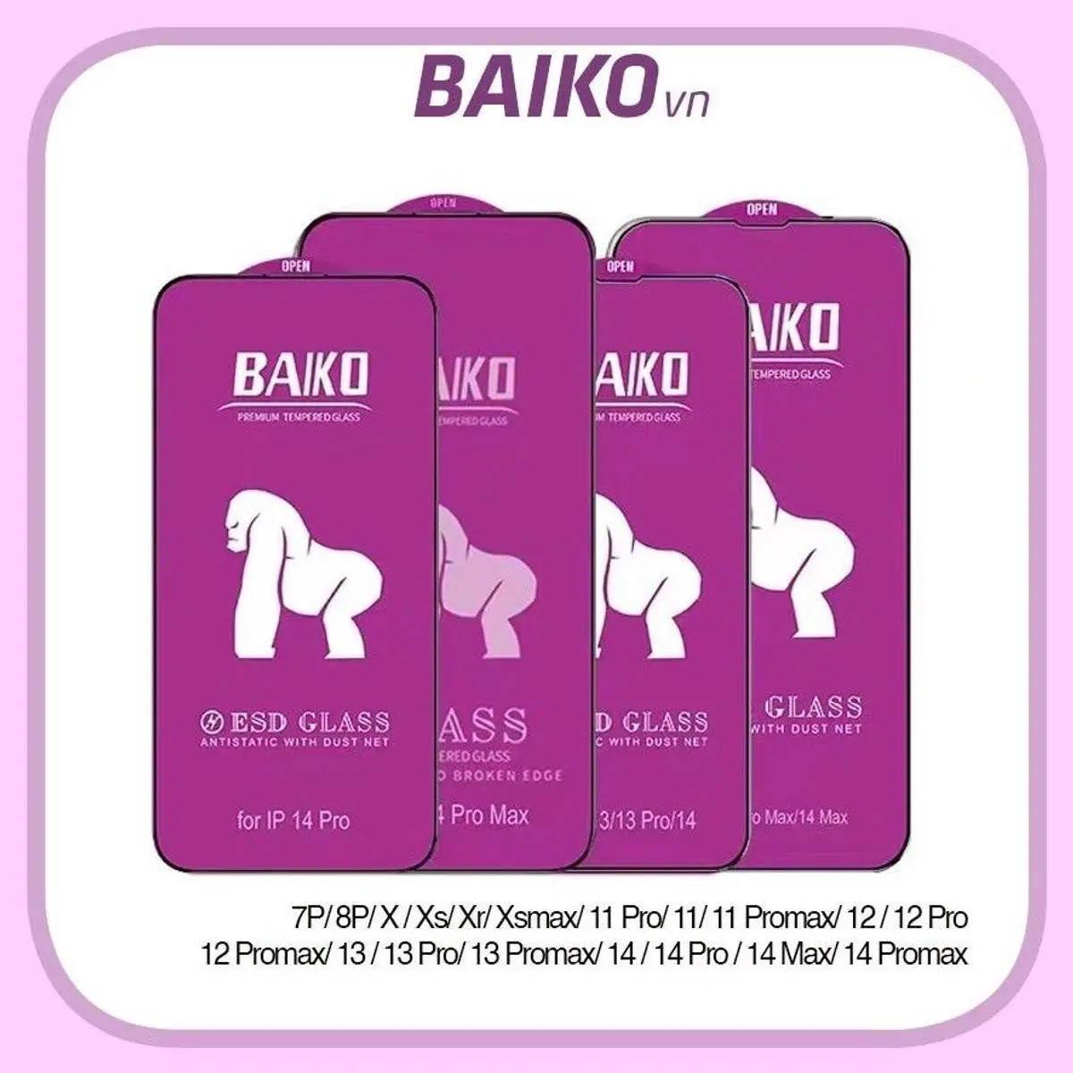 Kính Cường Lực BAIKO Tím IP x xr xs max 6 7 8 11 12 13 14 pro max Loại 1 Chống Bám Vân Tay Tốt
