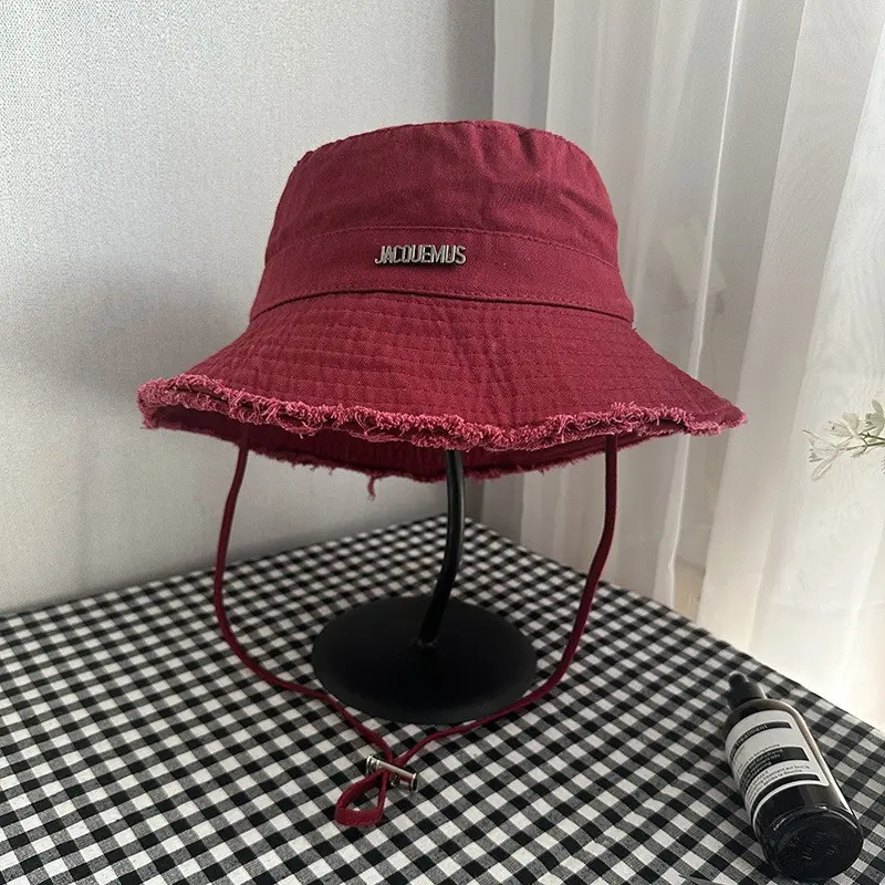 HyunA Same Style JACQUEMUS Summer Washed Wide Brim Fisherman Hat - Frayed Edge Drawstring Sun Hat for Women, Vacation and Outdoor Use