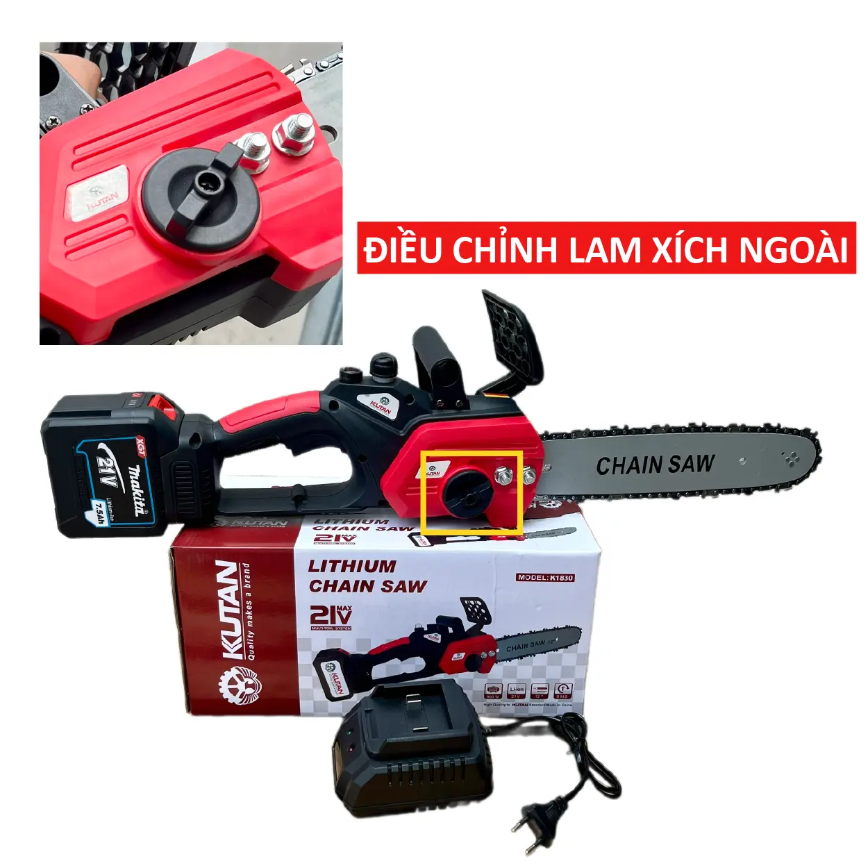 Máy cưa xích Pin KUTAN không chổi than lam xích 12inch (chung chân pin Makita 18V) điều chỉnh lam xích ngoài