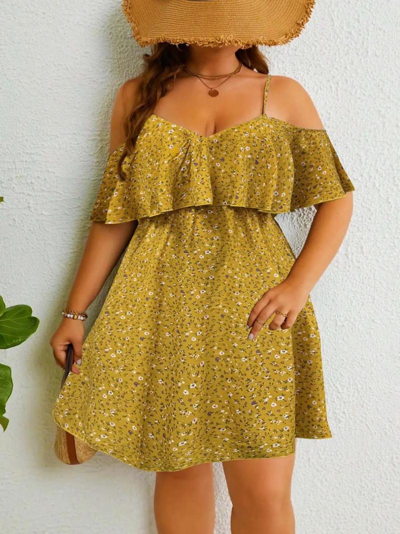 Product Introduction of 【Plus Size】 Ditsy Floral Print Cold Shoulder Dress, Boho Fashion Casual Dress for Daily Holiday Vacation Wear, Women Plus Clothing for Summer, Womenswear 3