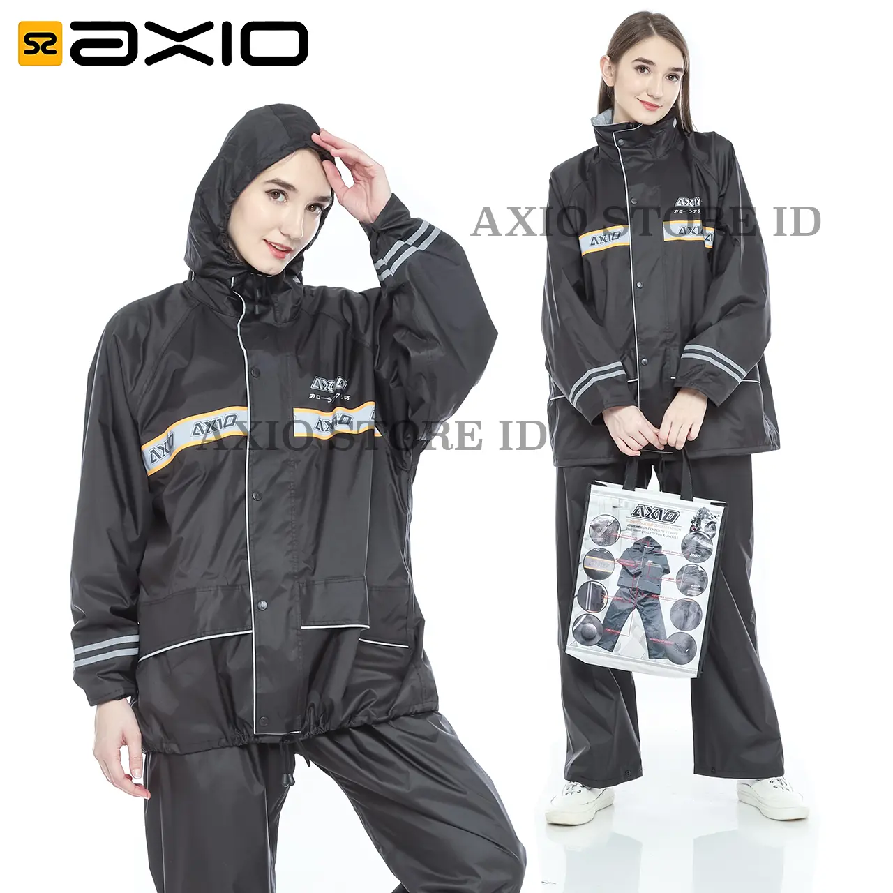 Jas Hujan Axio Wanita Hitam Waterproof Silver Series dengan Scotlight Silver Tulisan Axio