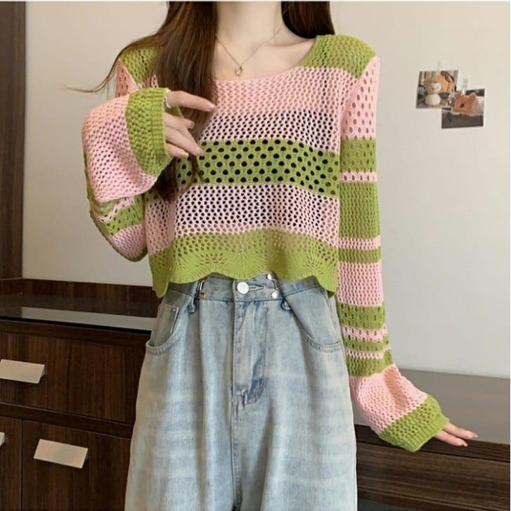 Vilave Atasan Blouse Wanita Hollow Knitted Korean Style Top Import J1221 7