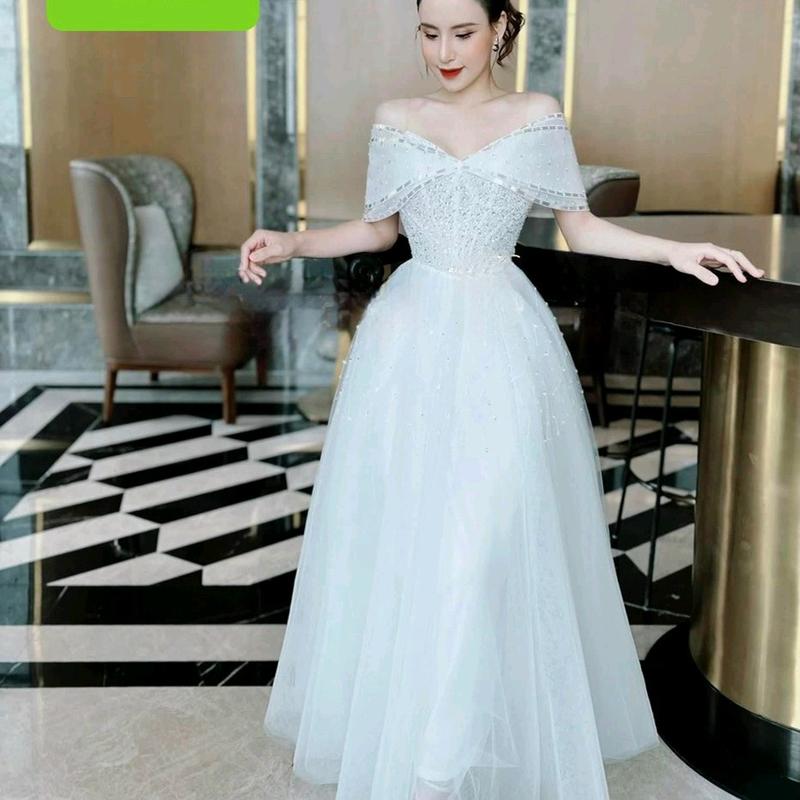 ĐẦM CÔ DÂU XOÈ TRỄ VAI KẾT 33SK Nữ Kem Women Dress Kim Tuyến Đỏ 8