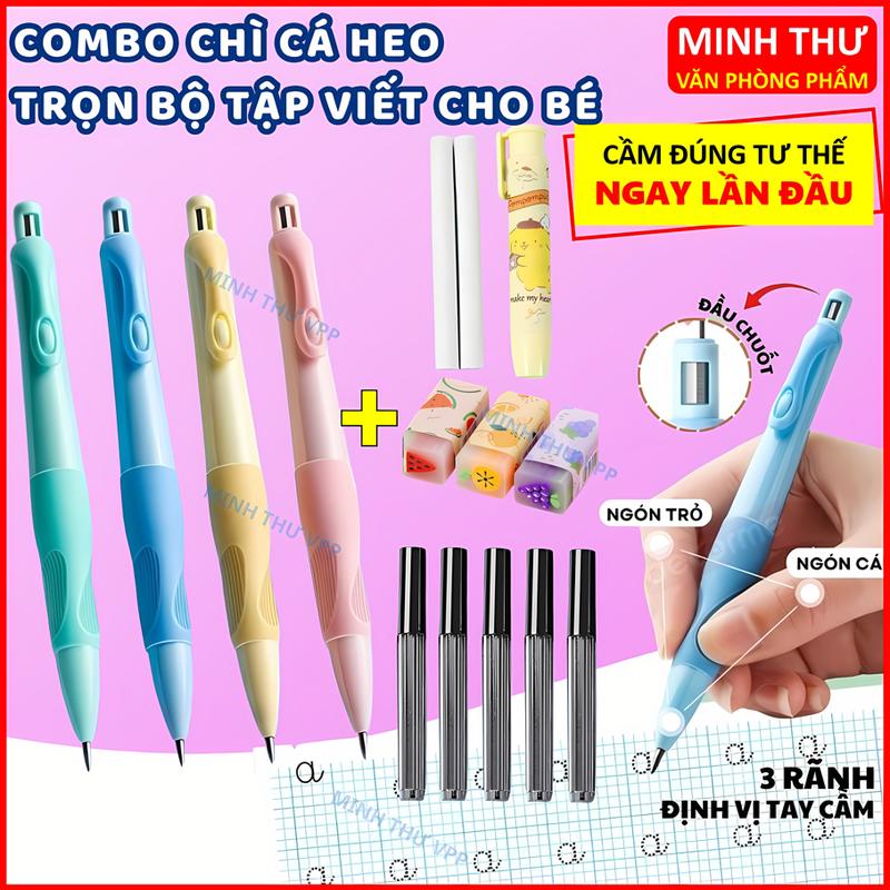 Combo Bút Chì Cá Heo Trọn Bộ Tập Viết Cho Bé Gồm Bút - Gôm Tẩy - Ngòi Thay Ngòi 2mm Giúp Bé Tập Viết Đúng Tư Thế Không Mỏi Đau Tay Bút Chì Bấm Cá Heo Cho Học Sinh bút  chì