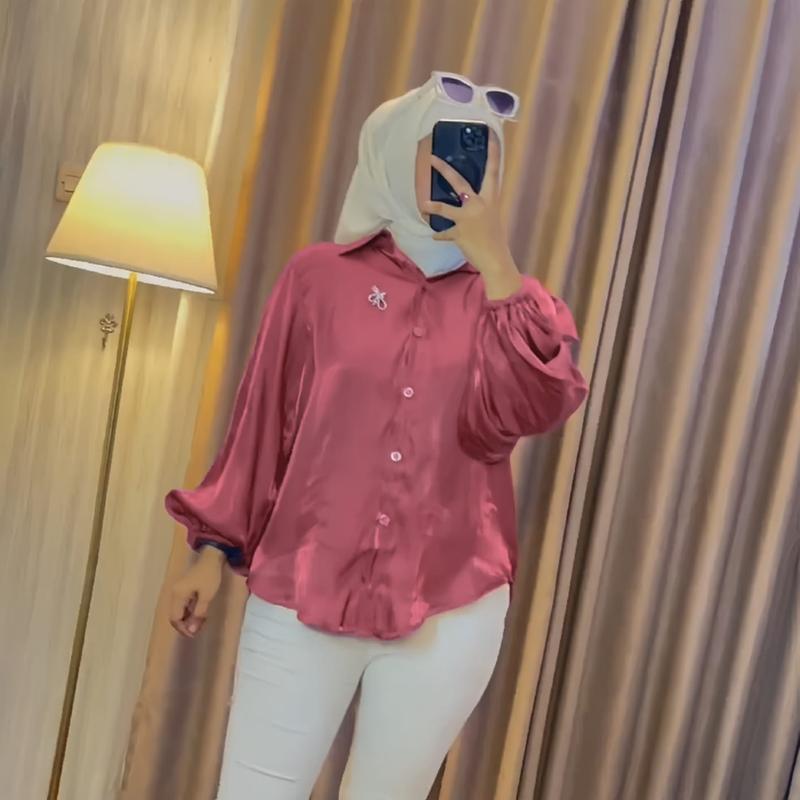Thalia kemeja shimmer atasan polos glitter lengan balon Jumbo size M - 2XL Cantik Formal Katun Motif Panjang Silk Wanita 6