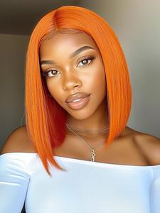 Orange Short Bob Human Hair Wig, Glueless Lace Front Human Hair Wigs, Natural Looking, Ready To Wear for Women