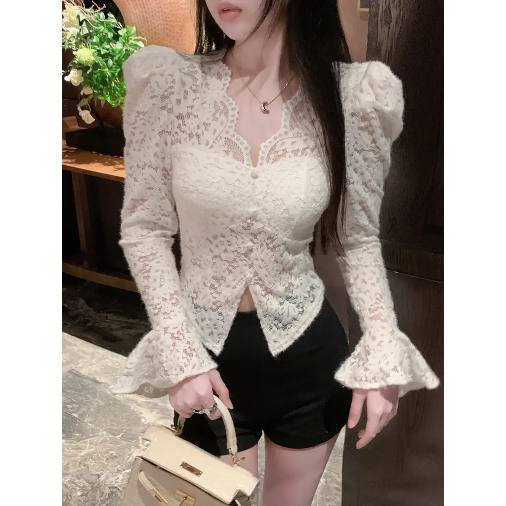 Áo Sơ Mi Ren, Thiết Kế Thời Trang Và Ngọt Ngào Cổ Chữ V, Dành Cho Nữ, Dài Tay, Xẻ Tà Thanh Lịch, Áo Sơ Mi Lớp Cơ Sở Bó Sát Top Women