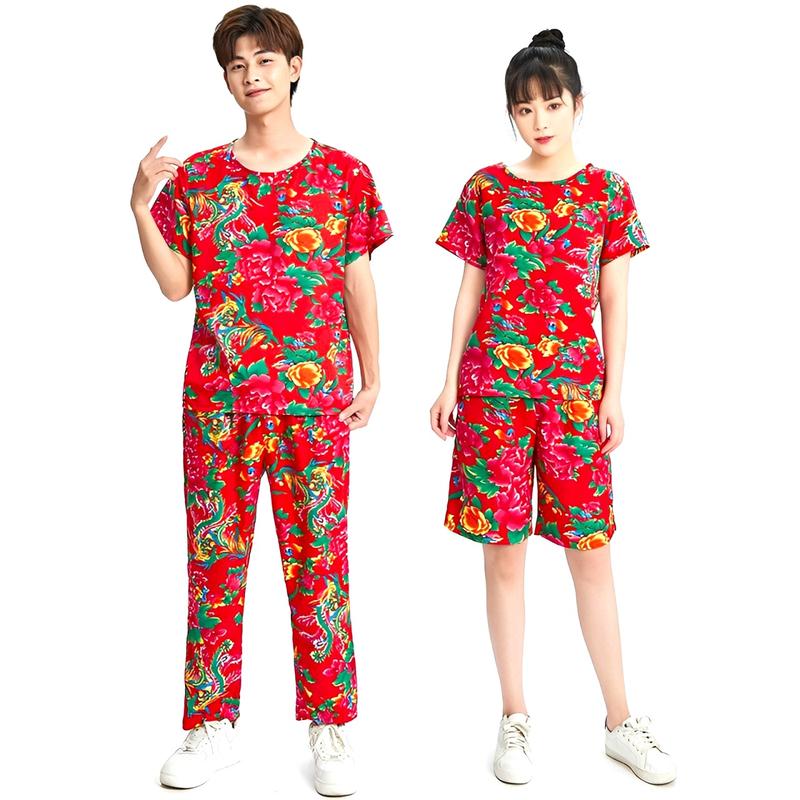 Bộ quần áo Nam Nữ Hoa công 33Kg-123Kg Đồ bộ hoa mẫu đơn mặc lễ tết mặc hội nhóm cực vui họa tiết sắc nét chất vải mềm co dãn Đẹp Menswear