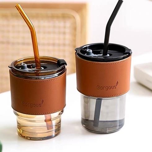 Cốc Thủy Tinh 450ML Bọc Da Cao Cấp Tặng Kèm Nắp Đậy Và Ống Hút 0