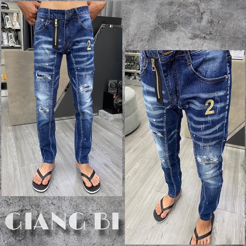 Quần jean D2 xanh phối viền thêu số 2 khóa lệch 9692 Nam Menswear Pants Có Túi