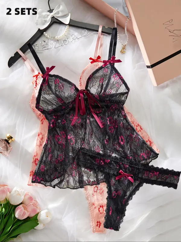 Women's Floral Print Sheer Lace Sexy Lingerie Set, Bow Decor Split Lingerie Top & Thong Set, Romantic Underwear Set for Ladies, Naughty Lingerie 4