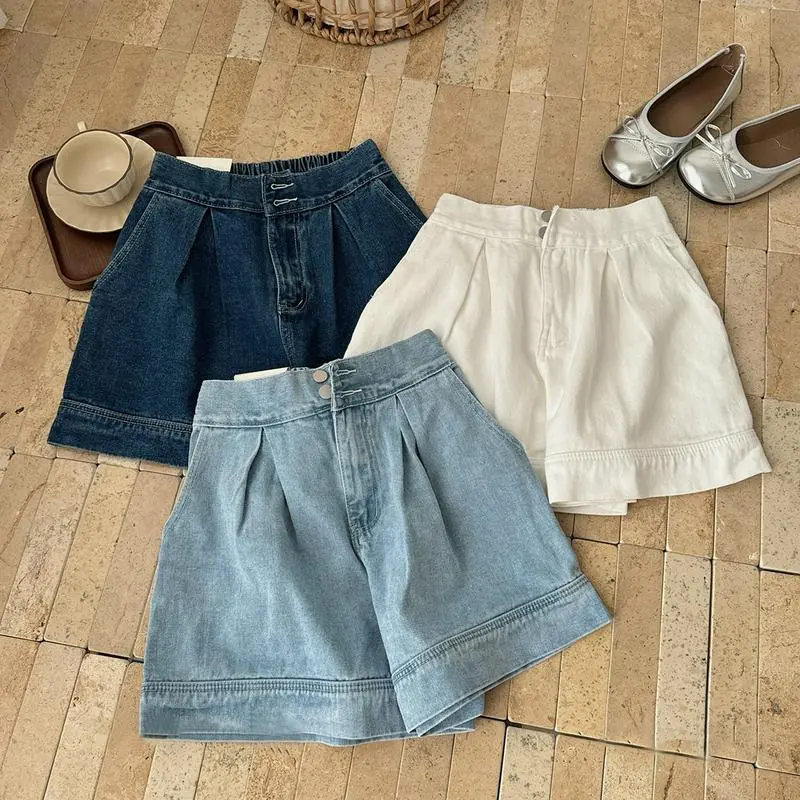 Quần Sooc Bò 2 Cúc Viền Gấu To Chun Lưng Dáng Chữ A Size S,M, L Hàng QC Năng Động Cá Tính