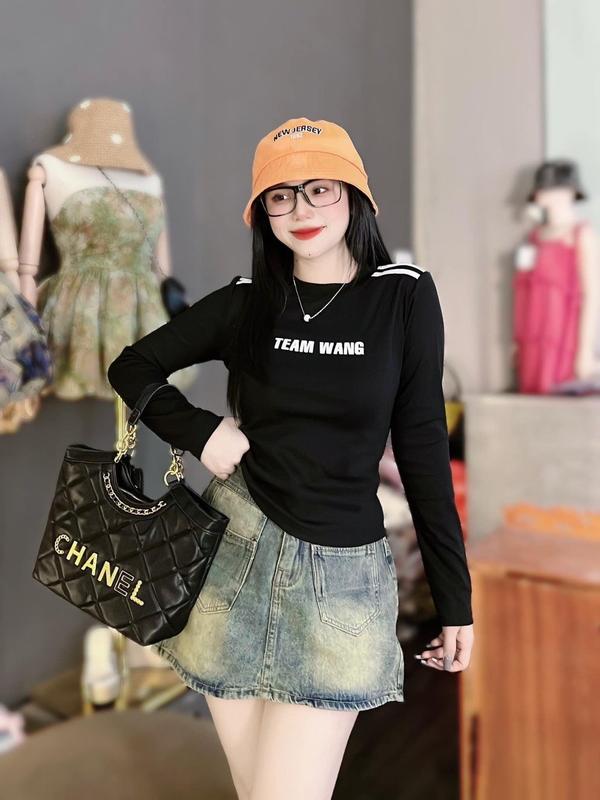 Áo Thun nữ Tay Dài Cổ Tròn In Chữ Thời Trang Hàng Mới Nữ Top Cotton Women Bò 1