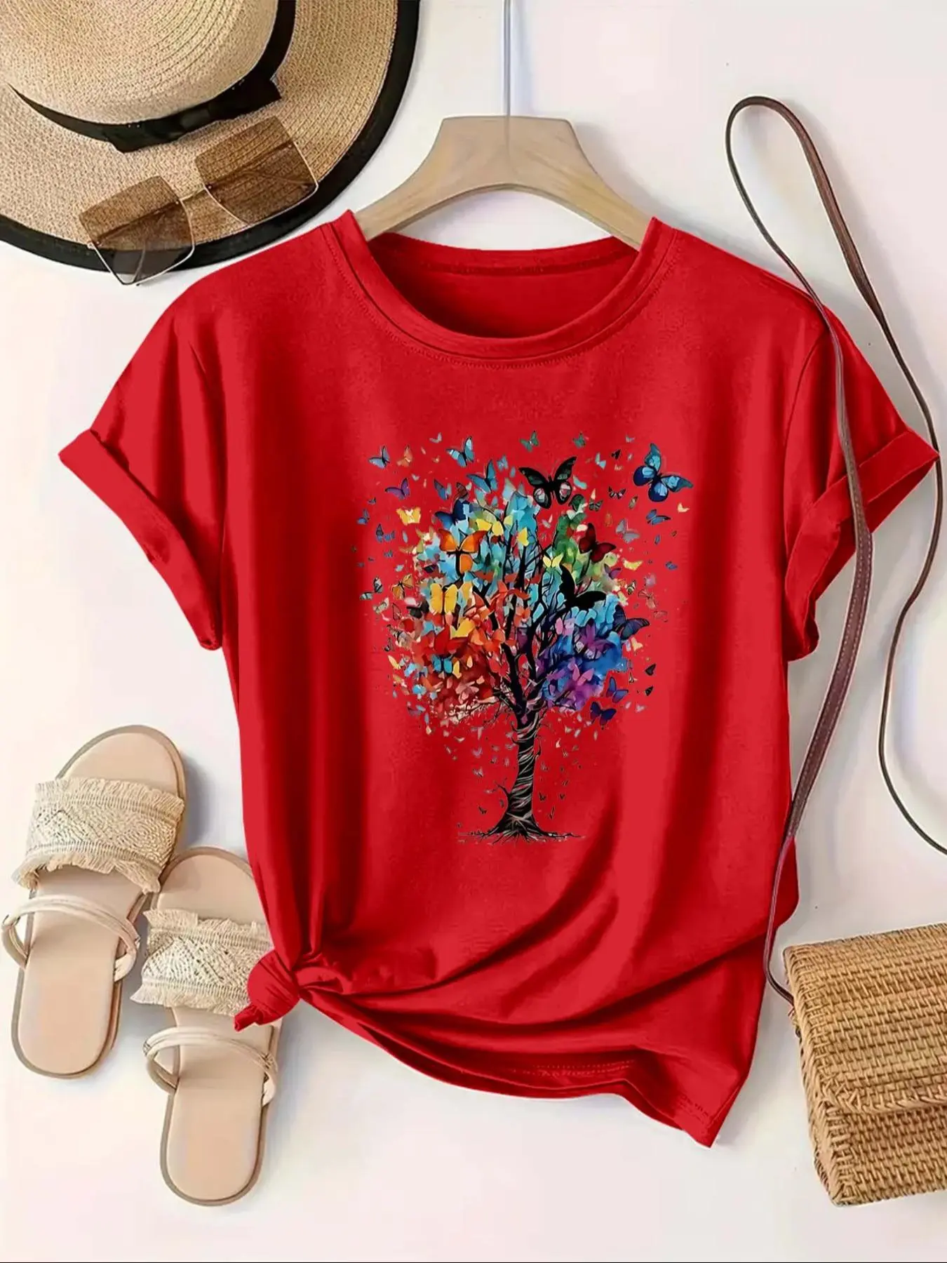 【Plus Size】 Butterfly Tree Print Round Neck Tee, Fashion Casual Crew Neck Short Sleeve T-shirt for Daily Outdoor Wear, Women Plus Clothing for Summer