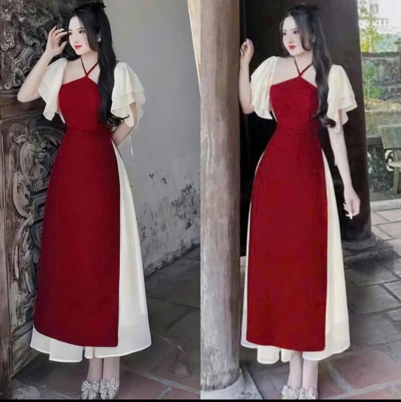  sét bộ áo dài nữ tay bèo cổ yếm kèm chân váy dài siêu xinh dễ thương mặc đi tết Top Kem Women Beo Dress Nhung Đỏ 