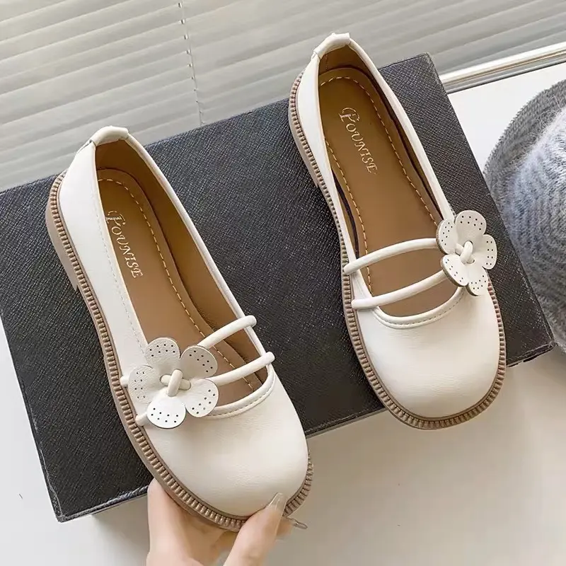 giày búp bê lobita nữ 5cm cài hoa trà chất da mềm Mũi tròn Shoes Giày Bệt 4