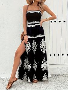 Women's All Over Print Tube Jumpsuit, Boho Strapless Wide Leg Jumpsuit for Beach Holiday Vacation, Ladies Summer Clothes