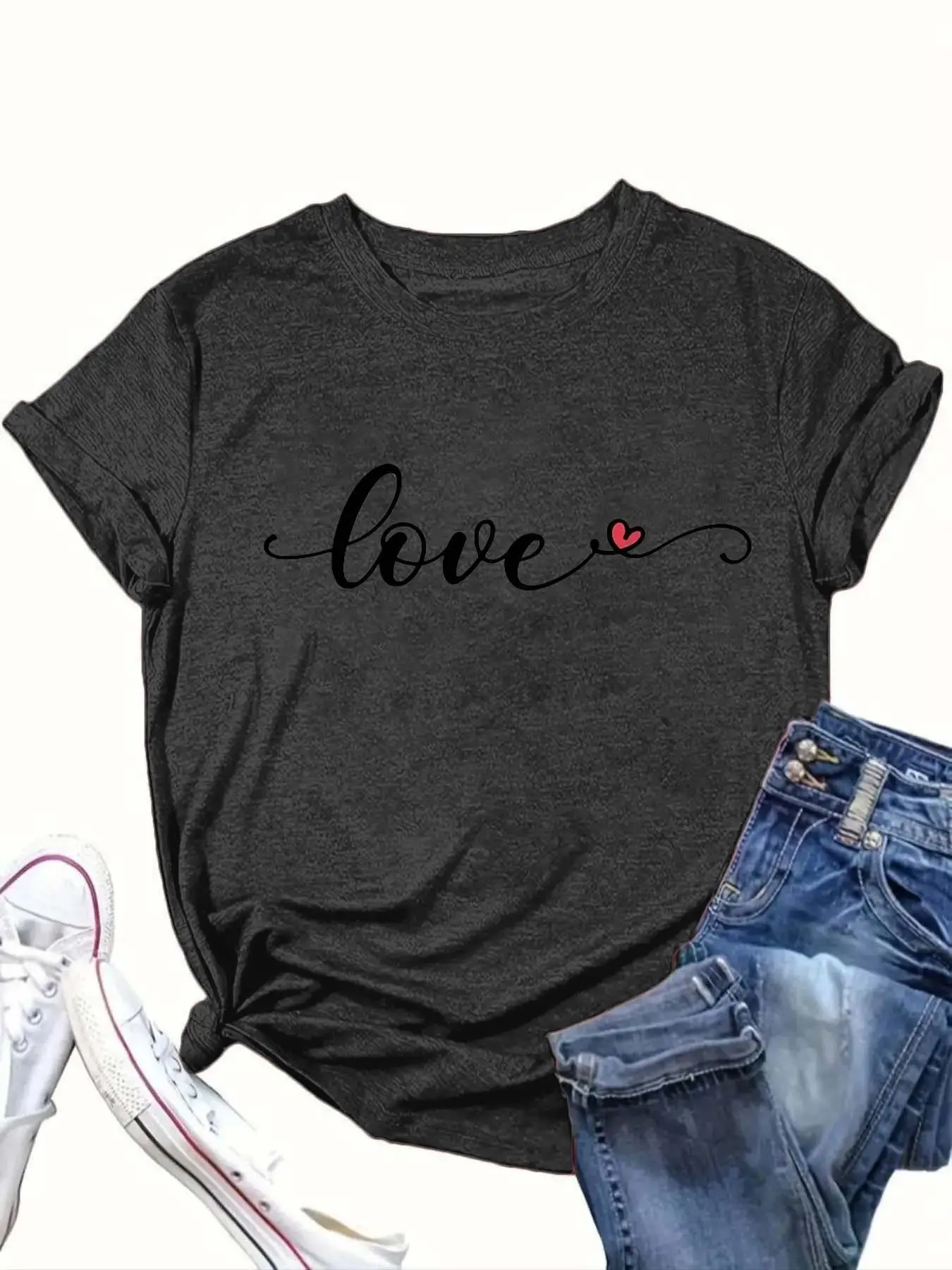【Plus Size】Letter Print Round Neck Tee, Fashion Casual Short Sleeve T-shirt for Daily Outdoor Wear, Women Plus Clothing for All Seasons