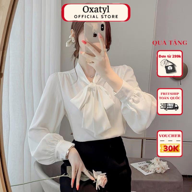 Áo sơ mi cổ nơ tay bồng Oxatyl A12 chất vải lụa mát phong cách thời trang công sở trẻ trung