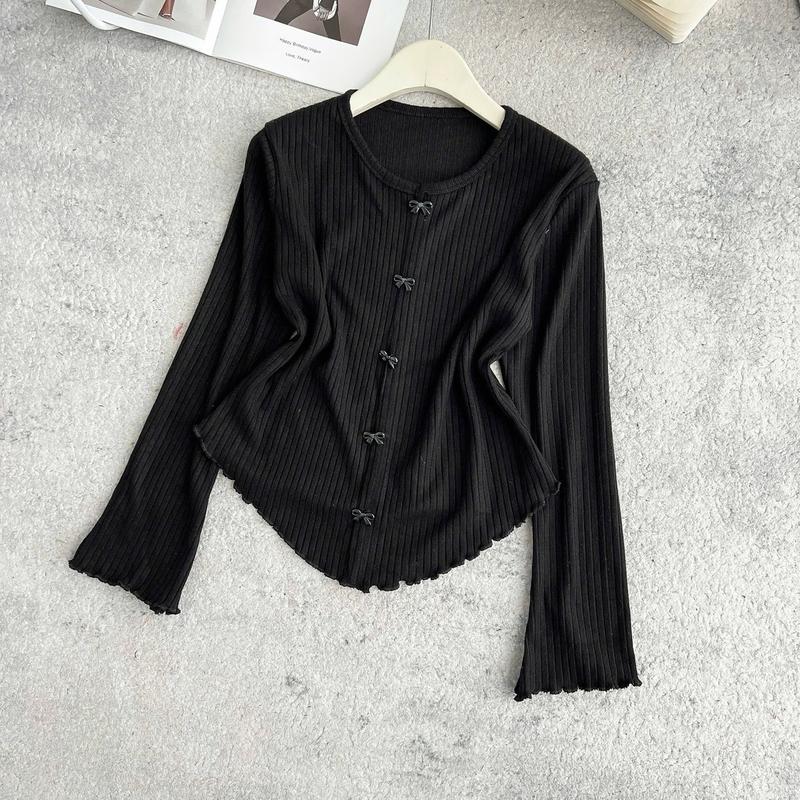 Duoi 68kg- Áo len kiểu vạt sóng phối gài khuy nơ 3 màu tay dài