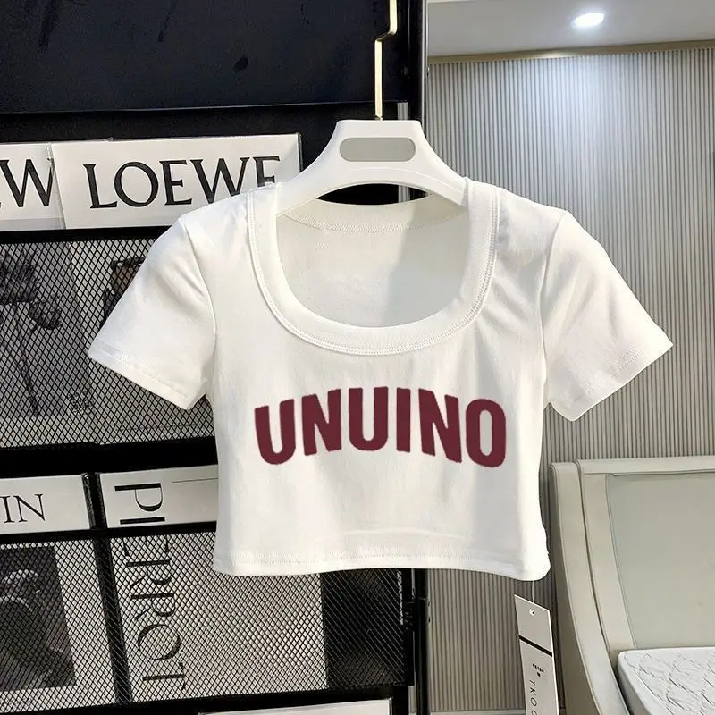 Trang Phục Mùa Hè, Dễ Phối Đồ Của Cô Gái Nóng Bỏng, Màu Trắng, Dáng Ôm, Áo Crop-Top Cổ Chữ U, Áo Thun ngắn Tay Áo, Dành Cho Nữ, Hàng Mới Về 2024, Cạp Cao Ngắn, Phong Cách Ins 1