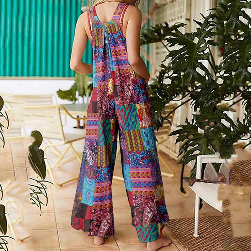 Product Introduction of Women Summer Overalls, Multicolor Ethnic Style Square Neck Sleeveless Casual Jumpsuit with Pockets for Girls, Red/Blue 52