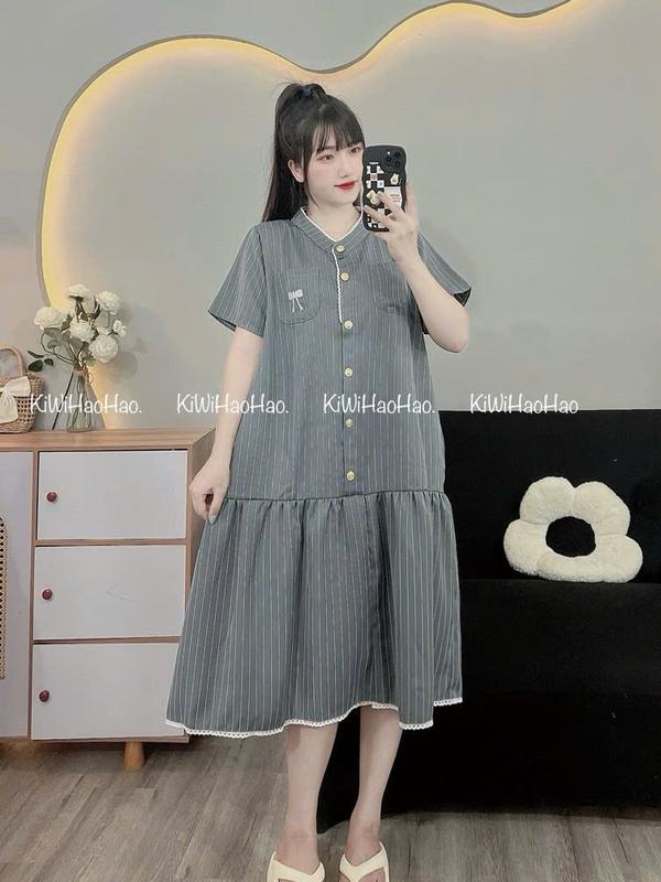 Váy Bầu Váy Sau Sinh (V169) Kẻ  Xanh- Ghi Thêu Nơ - Cổ Hoa Cúc- Dáng babydoll  ( 40-70kg). 6