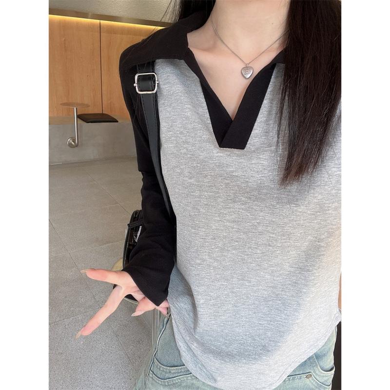 Áo thun nữ dài tay áo thun kiểu polo cổ bẻ tăm co giãn kiểu dáng basic A197 PANOSI Women Top Voi Voan 5