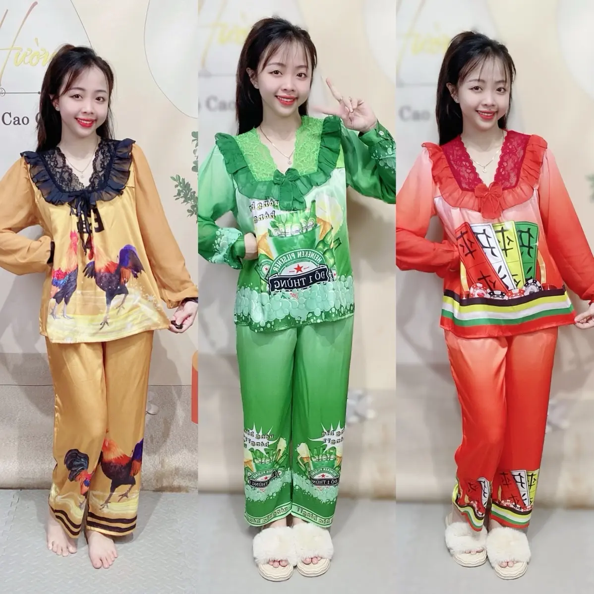 (45-75kg cao dưới 1m62 ) Đồ Bộ Cho Nữ, Cổ Phối Ren, Tay Phối Voan, In Hoạ Tiết Hoạt Hình Xinh, Chất Liệu Lụa Latin Mềm Mịn, Tay Dài Quần Dài