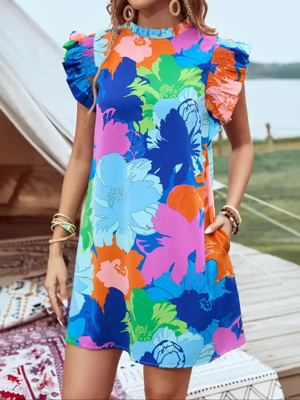 Women's Floral Print Frill Trim Shirred Ruffle Trim Dress, Casual Butterfly Sleeve Mock Neck Short Dress for Summer, Women's Clothing for Beach Holiday, Dresses for Women 0