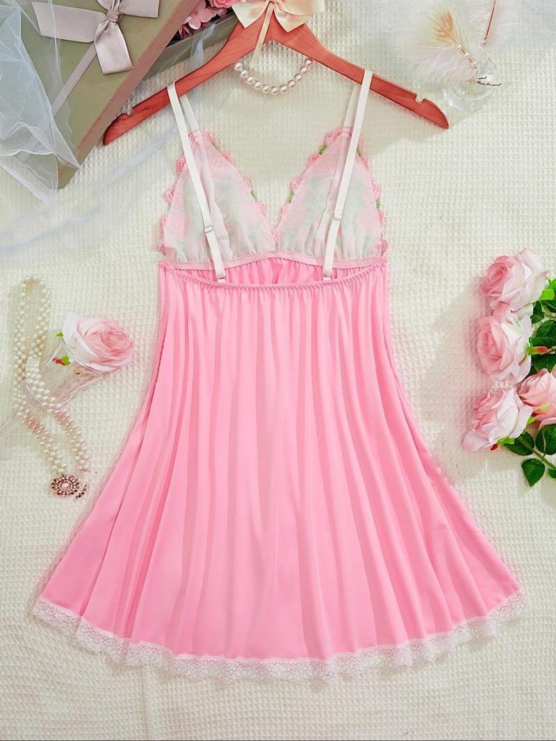 Product Introduction of Women's Floral Embroidery Contrast Lace Bow Decor Cami Nightdress, Elegant Backless Spaghetti Strap Nightgown for All Seasons, Fashion Ladies Sleepwear for Daily Wear 2