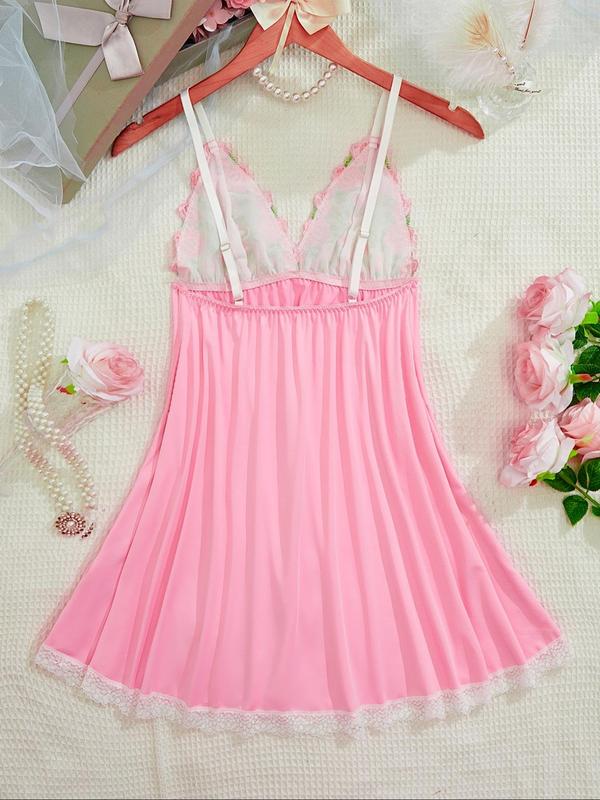 Women's Floral Embroidery Contrast Lace Bow Decor Cami Nightdress, Elegant Backless Spaghetti Strap Nightgown for All Seasons, Fashion Ladies Sleepwear for Daily Wear 1