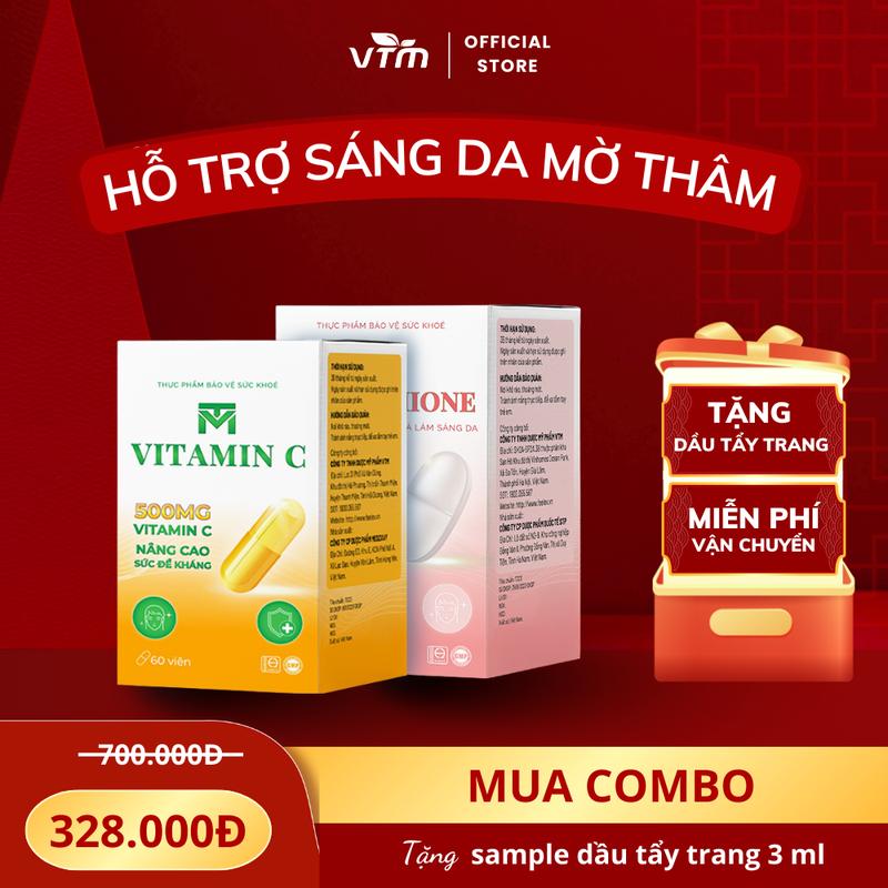 Combo viên uống VTM Vitamin C và Glutathione hỗ trợ làm sáng da, đẹp da, mờ thâm tăng sức đề kháng - 30 ngày