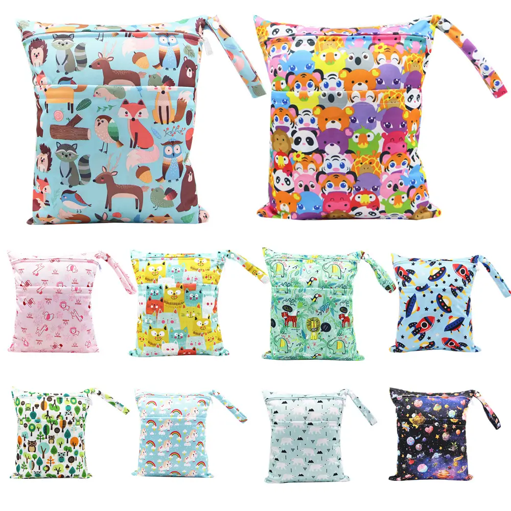 Double Zipper Print Snap Closure Diaper Bag Waterproof Bag Large Capacity Waterproof Portable Wet Bags Fashion Prints Diaper Bag