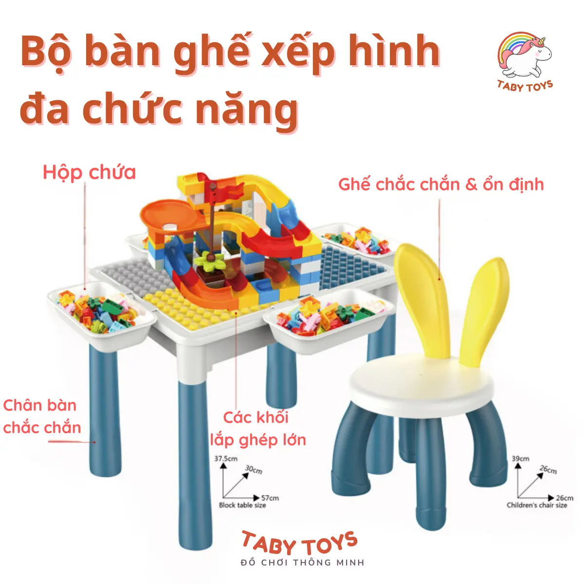 Bàn lắp ráp đồ chơi xếp hình đa chức năng TABY Toys 110 chi tiết, có ngăn đựng đồ, kèm ghế cho bé lắp ráp - vừa chơi vừa học Kem