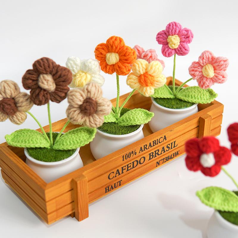 Product Introduction of Finished handmade woven lily of the valley potted home decoration, knitted simulated flower yarn, crochet bouquet, fake flower gift 17