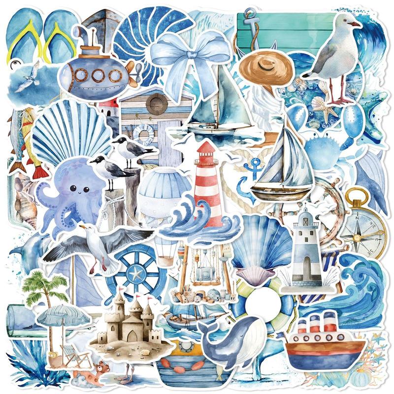Product Introduction of Ocean Themed Sticker, 50pcs/set Waterproof Self Adhesive Decor Paper, Decor Sticker for Gift Greeting Card Water Bottle Laptop Phone 0