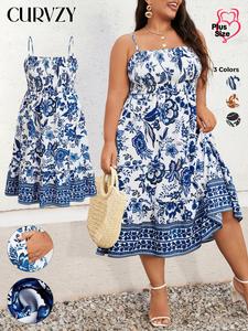 CURVZY Plus Size Floral Print Pocket Ruffle Hem Shirred Cami Dress, Boho Elegant Sleeveless Spaghetti Strap A-line Backless Dress for Beach Holiday Vacation, Women's Flattering Clothes for Summer & Autumn, Womenswear