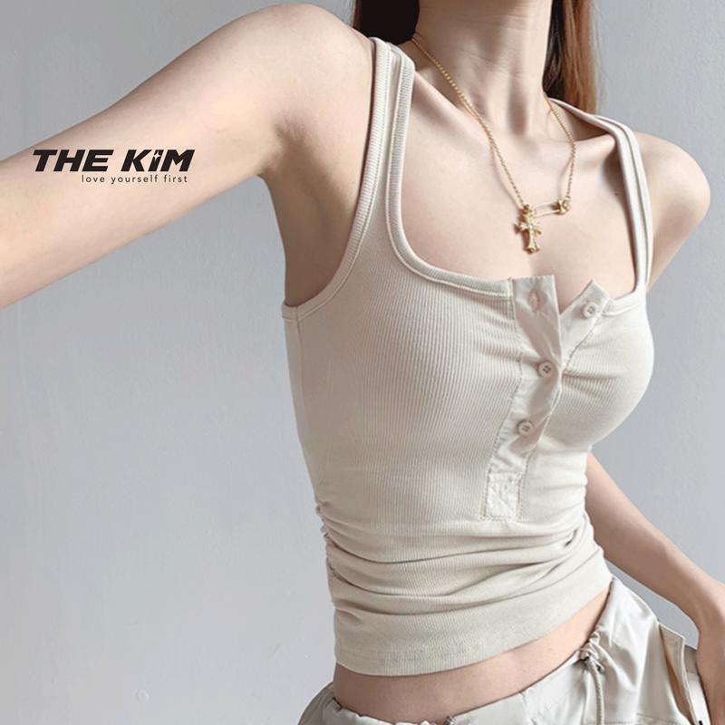 THEKIM  Áo ba lỗ phối nẹp cúc nhún eo , áo sát nách phối cúc nẹp chất thun tăm T331