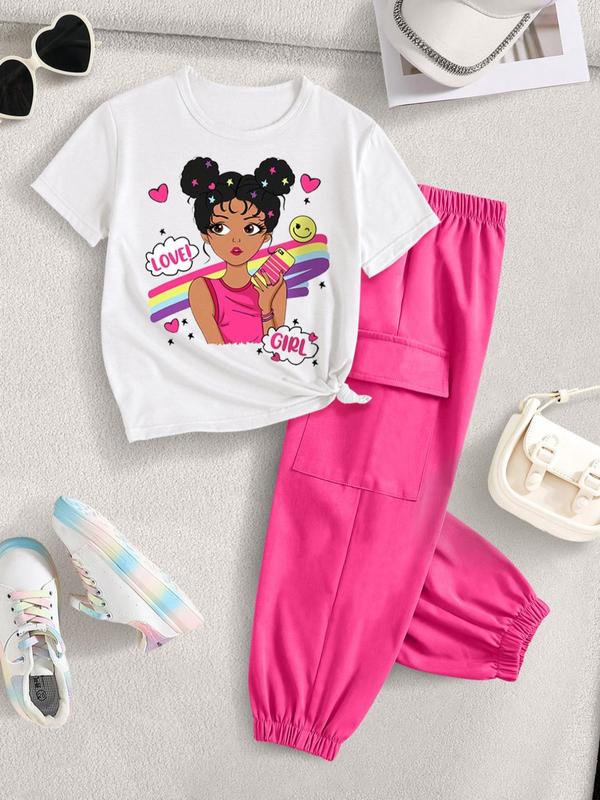 Toddler Girl's Cartoon Girl Print Tee & Pants Sweater Set, Casual Short Sleeve T-shirt & Trousers, Kids Summer Clothes 0