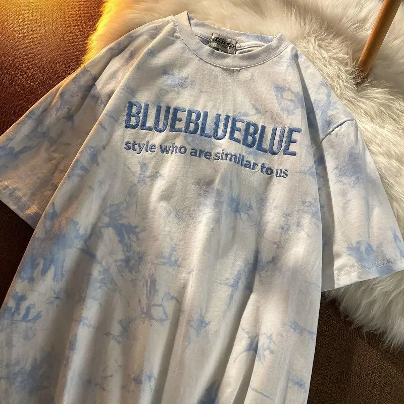 Tie-Dye Top T-Shirt Embroidered Letters Couple Outfit Best Friend Outfit Short Sleeve T-Shirt Women Summer Loose Casual Top T-Shirt
