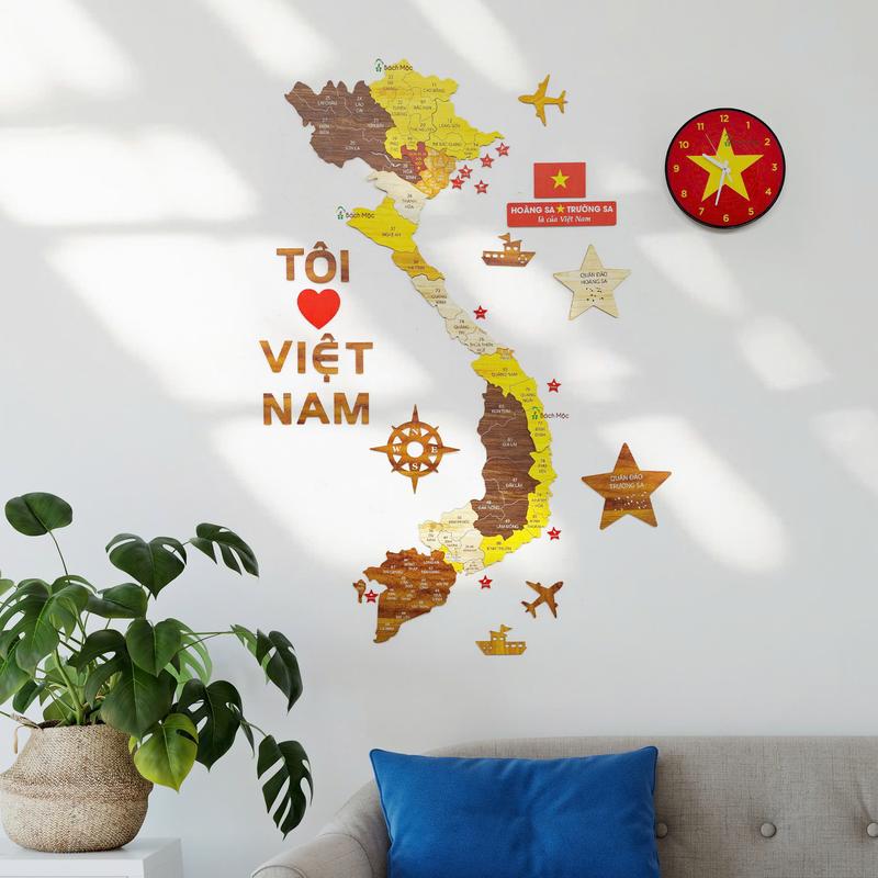 Product Introduction of [Bản Thường] Bản Đồ Gỗ Việt Nam đầy đủ Quần đảo Hoàng Sa và Quần đảo Trường Sa trang trí dán tường phòng khách, nhà cửa, công ty, bàn làm việc, trường học, cơ quan, văn phòng - đã update biển số xe 63 tỉnh thành 14