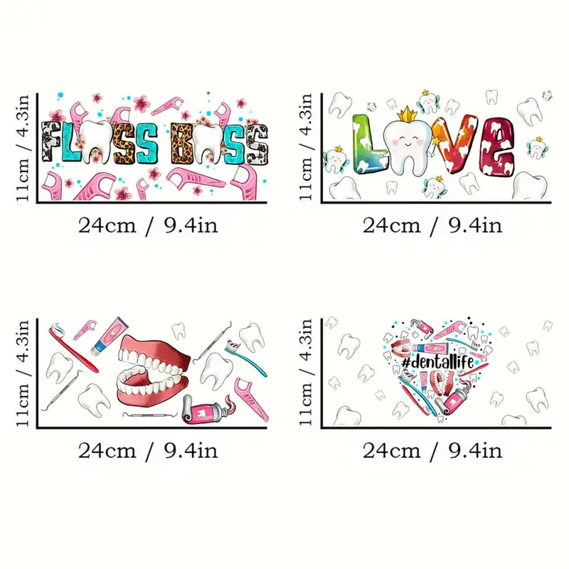 Dental Life Element UV DTF Transfer Sticker, 4 Counts/set Glass Jar Packaging Sticker, Love Dentist & Fairy Element Design UV DTF Cup Packaging Sticker 1