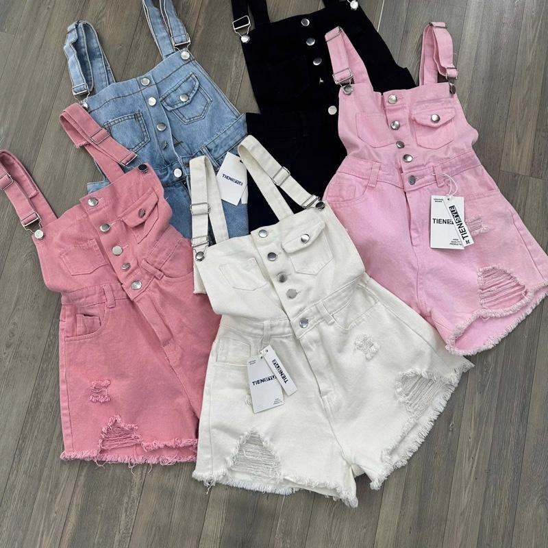 TIENSTYLE Yếm Quần Jean Nữ Short Hai Dây Lai Rách Một Nắp Túi Màu Trắng Đen Hồng Xanh Cotton Women Bigsize 70kg S 4XL
