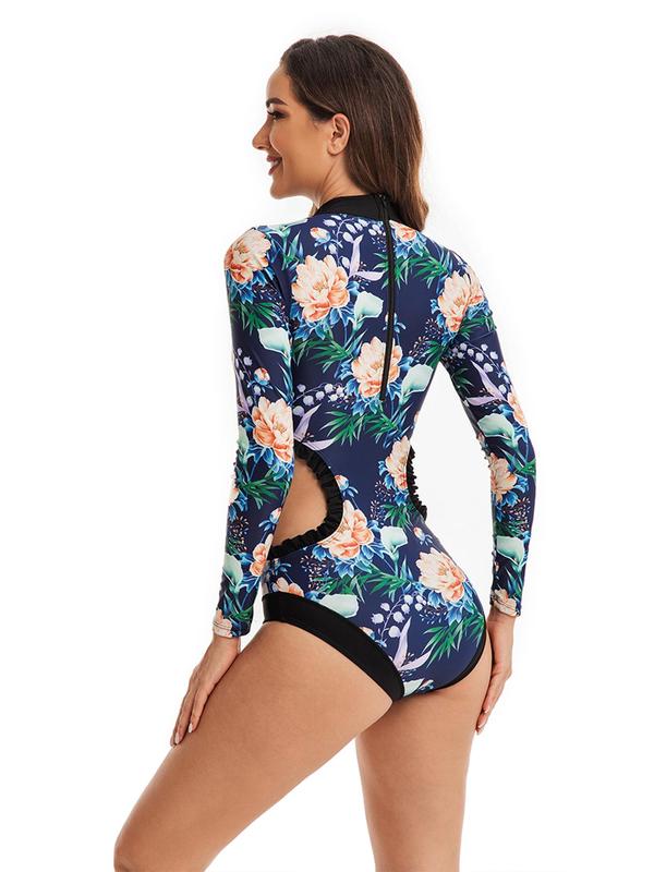 Women's Floral Print Frill Trim Cut Out One-piece Swimsuit, Elegant Mandarin Collar Long Sleeve Racing Swimwear for Beach Holiday Vacation, Ladies Swimsuit for All Seasons 1