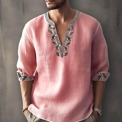 Product Introduction of Men's Ethnic Shirt Linen Shirt Long Sleeve Fashion Streetwear Designer Outdoor Daily Going out Spring & Summer Stand Collar Print Yellow Light Green Pink Red Navy Blue 3