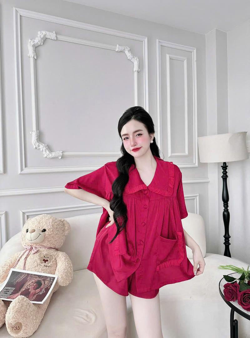 Product Introduction of Freesize (65Kg-90Kg) Bộ Pijama Đùi Nữ Áo Baby Doll Cổ Bèo Vải Lụa Latin Có Nút Bọc, Quần Đùi Ống Rộng Có Túi, Quần Áo Ngủ 6