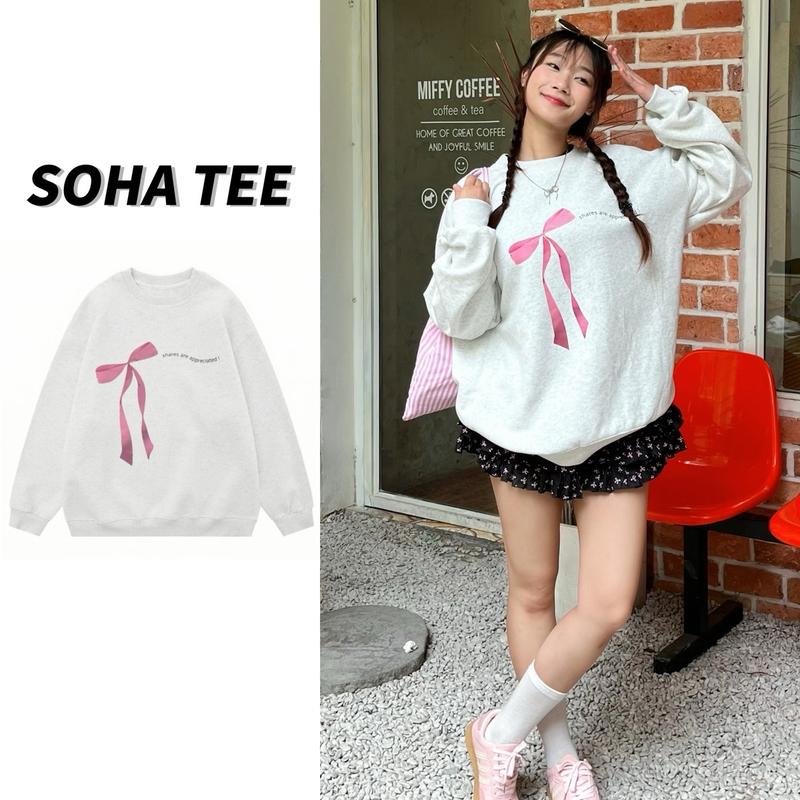ÁO SWEATER XÁM TIÊU NỈ 2 DA ÁO SWEATER NỮ ÁO NỈ DÀI TAY FORM RỘNG BIGSIZE ÁO SWEATER DỄ THƯƠNG IN HÌNH NƠ HỒNG DÀI áo hoodie nữ không mũ