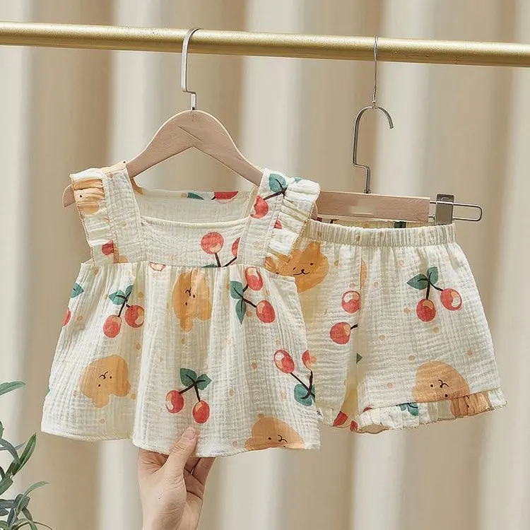 Bộ Đồ Ngủ Ren Anh Đào Ngọt Ngào Và Dễ Thương Cho Bé Gái, Có Dây Đeo, Bộ Đồ Mùa Hè Cho Bé Gái Nhỏ Bộ Đồ Trẻ Em Mới, Đồ Mặc Nhà, Có Thể Mặc Ngoài Trời, Năm 2025