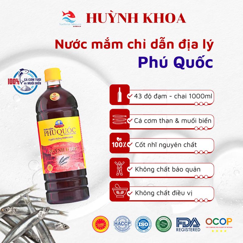 Huỳnh Khoa Nước Mắm Cốt Truyền Thống Phú Quốc - 43 Độ Đạm - Chai 1 Lít - 100% Cá Cơm Tự Nhiên & Muối Biển - Không Chất Bảo Quản - Đạt Chuẩn HACCP ISO 22000 HALAL